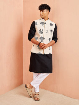 Vastramay - Men Block Print Nehru Jacket with Black Kurta & pyjama