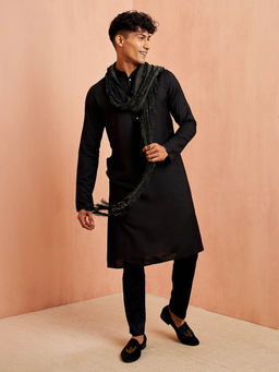Vastramay - Men Black Viscose Solid Kurta with Pant & Black Dupatta