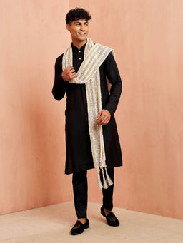 Vastramay - Men Black Viscose Solid Kurta with Pant & Cream Dupatta