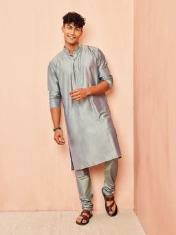 Vastramay - Men Grey Viscose Solid Kurta with Churidar