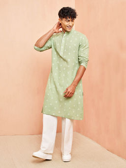 Vastramay - Men Green Jacquard Cotton Embroidered Kurta with White Pant