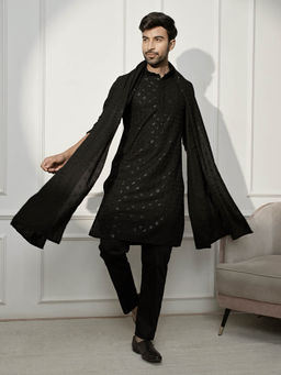 Vastramay - Men Black Rayon Shifli Embroidered Kurta with Pant & Dupatta