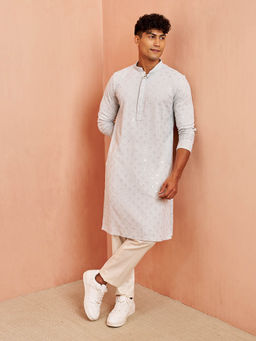 Vastramay - Men Aqua Rayon Shifli Embroidered Kurta with Cream Pant