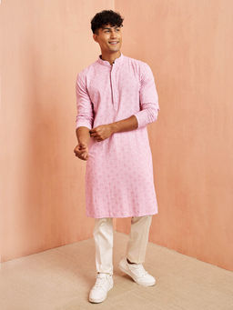 Vastramay - Men Onion Pink Rayon Shifli Embroidered Kurta with Cream Pant