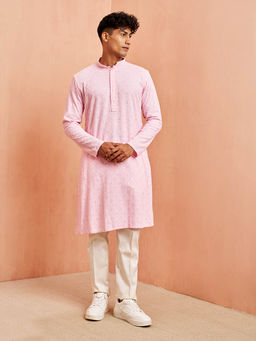 Vastramay - Men Pink Rayon Shifli Embroidered Kurta with Cream Pant