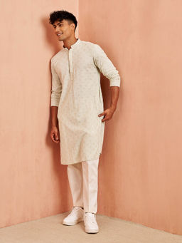 Vastramay - Men Pista Green Rayon Shifli Embroidered Kurta with Cream Pant
