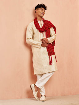 Vastramay - Men Cream Jacquard Kurta with Pant and Dupatta