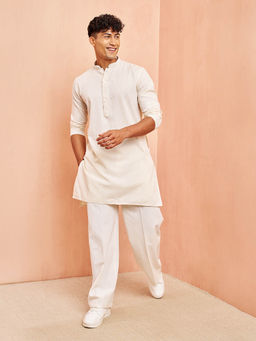Vastramay - Men Cream Mid Length Kurta with White Pant