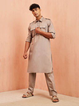 Vastramay - Men Brown Fine Satin Shirt Collar Kurta and Pyjama