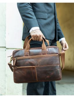 PICCO MASSIMO - Brown Leather Messenger Bag for Mens Office Use