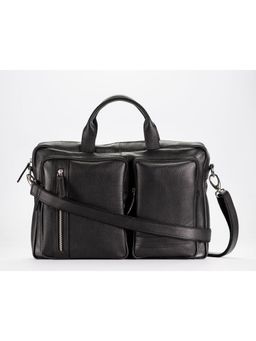 PICCO MASSIMO - Black Leather Mens 15.6 inch Laptop Padded Office Messenger Bag