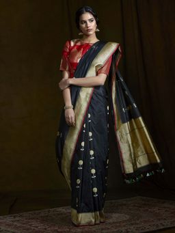 WeaverStory - Black Kadhwa Katan Silk Saree with Floral Motifs and Red Selvedge