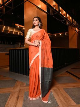 Beatitude - Orange Handwoven Noil Resham Cotton Saree with Unstitched Blouse