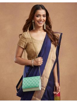Fabindia - Green Silk Blend Hand Embroidered Clutch with Detachable Chain (Medium)