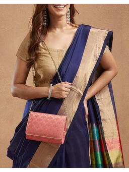 Fabindia - Pink Silk Blend Hand Embroidered Clutch with Detachable Chain (Medium)