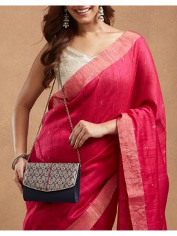 Fabindia - Navy Blue Polyester Clutch with Detachable Chain (Medium)