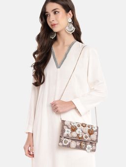 Anekaant - Petal Posh Floral Embellished Satin Clutch with Detachable Chain