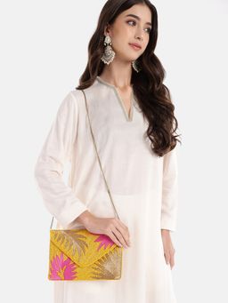 Anekaant - Beaded Botanica Sunshine Embroidered Satin Clutch with Detachable Chain