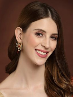 PANASH - Gold-Plated Kundan Floral Shaped Meenakari Drop Earrings