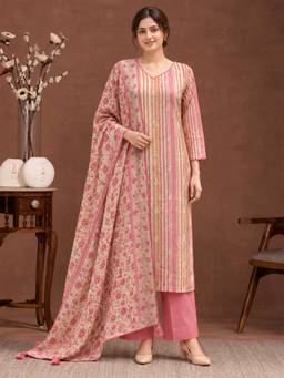 Seerat - Rose Pink Striped Linen Kurta with Pants and Floral Dupatta