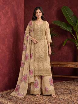 Seerat - Beige Floral Embroidered Pure Silk Kurta with Palazzo & Dupatta