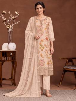 Seerat - Peach Beige Floral Silk Blend Kurta with Pants and Dupatta
