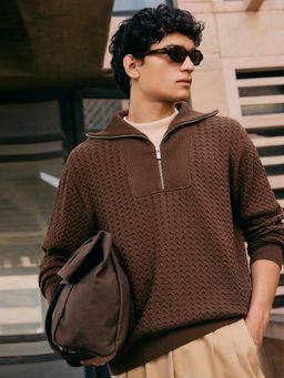 Andamen - Men Structured Fabric Cotton Blend Flat Knit Relaxed Pullover Sweater