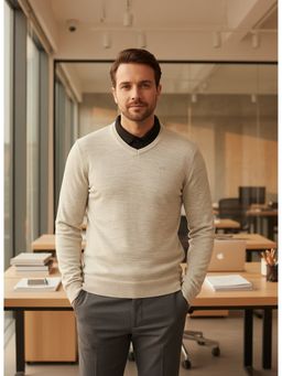 98 Degree North - Men Merino Wool Blend Off White V-Neck Pullover Sweater