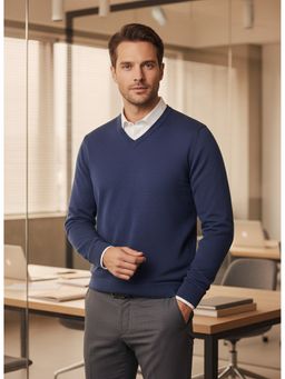 98 Degree North - Men Merino Wool Blend V-Neck Pullover Navy Blue Sweater