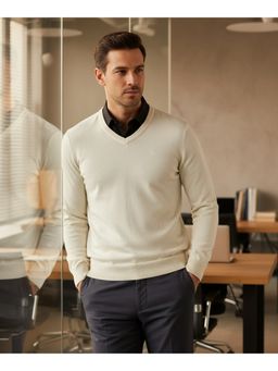 98 Degree North - Men Merino Wool Blend V-Neck Off White Pullover Sweater