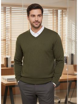 98 Degree North - Men Merino Wool Blend V-Neck Olive Pullover Sweater