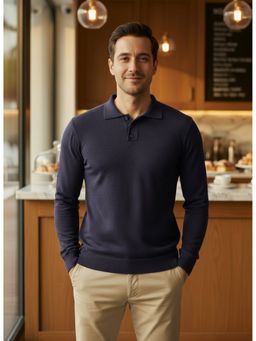 98 Degree North - Men Merino Wool Blend Navy Blue Pullover Sweater