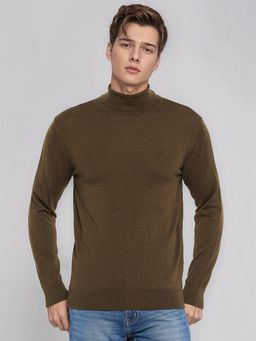 98 Degree North - Men Merino Wool Blend Turtle Neck Olive Pullover Sweater