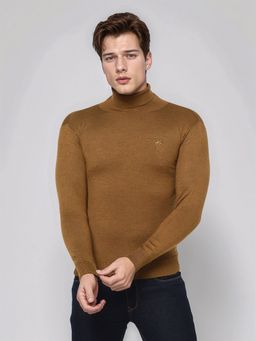 98 Degree North - Men Merino Wool Blend Turtle Neck Khaki Pullover Sweater