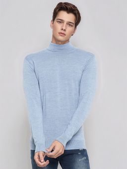 98 Degree North - Men Merino Wool Blend Turtle Neck Aqua Pullover Sweater