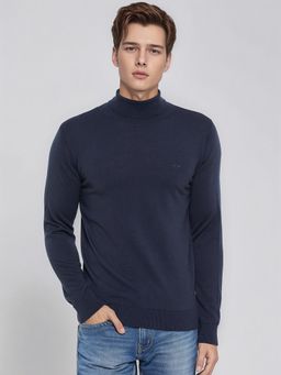 98 Degree North - Men Merino Wool Blend Turtle Neck Navy Blue Pullover Sweater