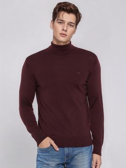 98 Degree North - Men Merino Wool Blend Turtle Neck Wine Pullover Sweater