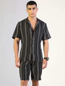 SHOWOFF - Edition Striped Black Relaxed Fit Cuban Collar Co-Ord Set