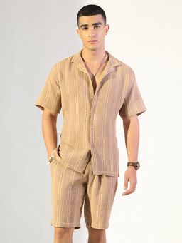 SHOWOFF - Striped Beige Relaxed Fit Cuban Collar Co-Ord Set