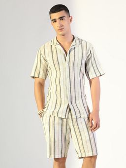 SHOWOFF - Striped White Relaxed Fit Cuban Collar Co-Ord Set