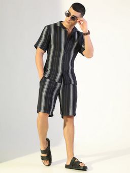 SHOWOFF - Edition Striped Navy Blue Relaxed Fit Cuban Collar Co-Ord Set