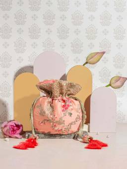 AMYRA - Reet Floral Embroidered Potli Bag - Peach