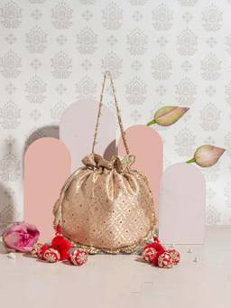 AMYRA - Kashi Pure Banarasi Silk Potli Bag - Beige and Red