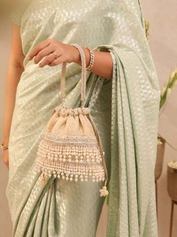 AMYRA - Anahi Embroidered Brocade Off White Potli Bag