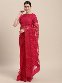 VAIRAGEE - Pink Floral Embroidered Net Saree with Unstitched Blouse