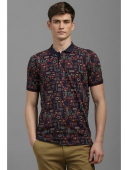 Louis Philippe - Men Navy Blue Printed Polo T-Shirt