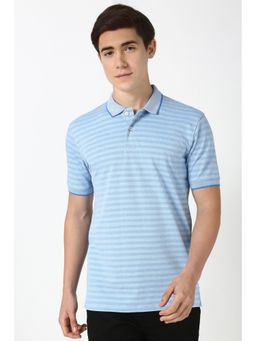 Peter England - Men Blue Stripe Polo Neck T-Shirt
