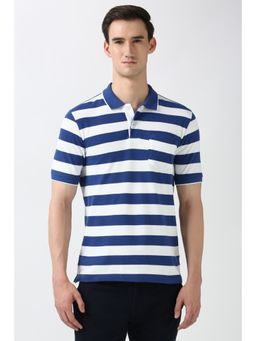 Peter England - Men White Stripe Polo Neck T-Shirt