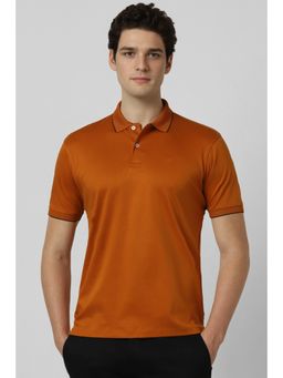 Peter England - Men Orange Solid Polo Neck T-Shirt