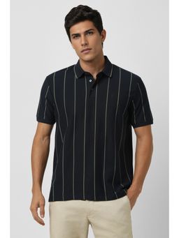 Van Heusen - Men Navy Blue Stripe Polo Neck T-Shirt